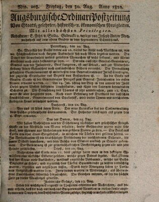 Augsburgische Ordinari Postzeitung von Staats-, gelehrten, historisch- u. ökonomischen Neuigkeiten (Augsburger Postzeitung) Freitag 30. August 1822