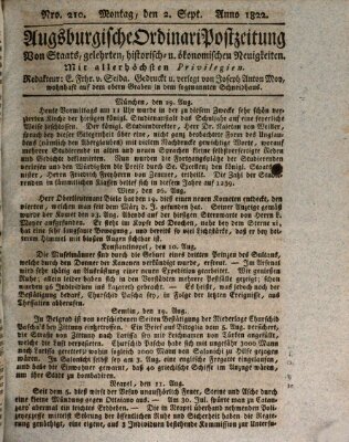 Augsburgische Ordinari Postzeitung von Staats-, gelehrten, historisch- u. ökonomischen Neuigkeiten (Augsburger Postzeitung) Montag 2. September 1822