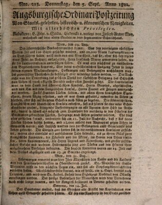 Augsburgische Ordinari Postzeitung von Staats-, gelehrten, historisch- u. ökonomischen Neuigkeiten (Augsburger Postzeitung) Donnerstag 5. September 1822