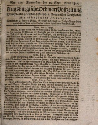 Augsburgische Ordinari Postzeitung von Staats-, gelehrten, historisch- u. ökonomischen Neuigkeiten (Augsburger Postzeitung) Donnerstag 12. September 1822