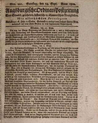 Augsburgische Ordinari Postzeitung von Staats-, gelehrten, historisch- u. ökonomischen Neuigkeiten (Augsburger Postzeitung) Samstag 14. September 1822