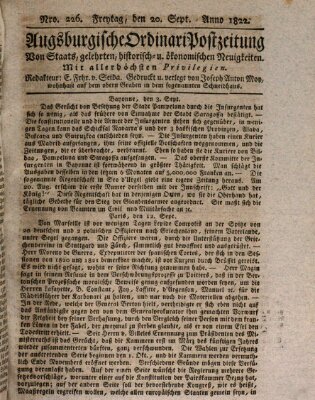 Augsburgische Ordinari Postzeitung von Staats-, gelehrten, historisch- u. ökonomischen Neuigkeiten (Augsburger Postzeitung) Freitag 20. September 1822