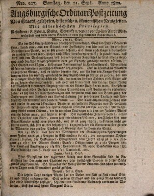 Augsburgische Ordinari Postzeitung von Staats-, gelehrten, historisch- u. ökonomischen Neuigkeiten (Augsburger Postzeitung) Samstag 21. September 1822