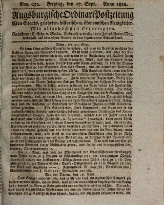 Augsburgische Ordinari Postzeitung von Staats-, gelehrten, historisch- u. ökonomischen Neuigkeiten (Augsburger Postzeitung) Freitag 27. September 1822