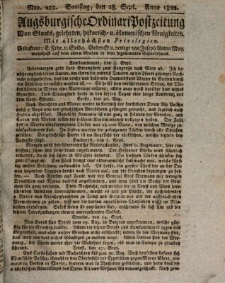 Augsburgische Ordinari Postzeitung von Staats-, gelehrten, historisch- u. ökonomischen Neuigkeiten (Augsburger Postzeitung) Samstag 28. September 1822