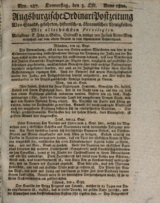 Augsburgische Ordinari Postzeitung von Staats-, gelehrten, historisch- u. ökonomischen Neuigkeiten (Augsburger Postzeitung) Donnerstag 3. Oktober 1822