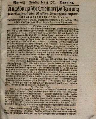 Augsburgische Ordinari Postzeitung von Staats-, gelehrten, historisch- u. ökonomischen Neuigkeiten (Augsburger Postzeitung) Freitag 4. Oktober 1822