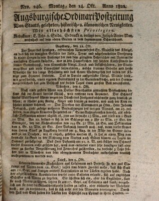 Augsburgische Ordinari Postzeitung von Staats-, gelehrten, historisch- u. ökonomischen Neuigkeiten (Augsburger Postzeitung) Montag 14. Oktober 1822