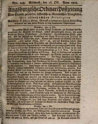 Augsburgische Ordinari Postzeitung von Staats-, gelehrten, historisch- u. ökonomischen Neuigkeiten (Augsburger Postzeitung) Mittwoch 16. Oktober 1822