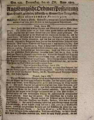 Augsburgische Ordinari Postzeitung von Staats-, gelehrten, historisch- u. ökonomischen Neuigkeiten (Augsburger Postzeitung) Donnerstag 17. Oktober 1822