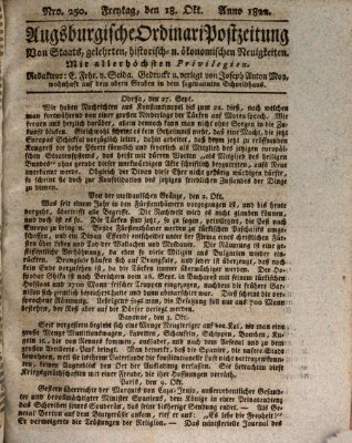 Augsburgische Ordinari Postzeitung von Staats-, gelehrten, historisch- u. ökonomischen Neuigkeiten (Augsburger Postzeitung) Freitag 18. Oktober 1822