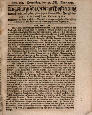 Augsburgische Ordinari Postzeitung von Staats-, gelehrten, historisch- u. ökonomischen Neuigkeiten (Augsburger Postzeitung) Donnerstag 31. Oktober 1822