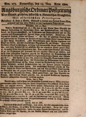 Augsburgische Ordinari Postzeitung von Staats-, gelehrten, historisch- u. ökonomischen Neuigkeiten (Augsburger Postzeitung) Donnerstag 14. November 1822