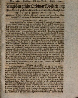 Augsburgische Ordinari Postzeitung von Staats-, gelehrten, historisch- u. ökonomischen Neuigkeiten (Augsburger Postzeitung) Freitag 29. November 1822