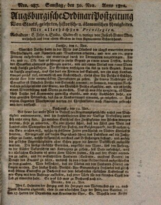 Augsburgische Ordinari Postzeitung von Staats-, gelehrten, historisch- u. ökonomischen Neuigkeiten (Augsburger Postzeitung) Samstag 30. November 1822