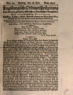 Augsburgische Ordinari Postzeitung von Staats-, gelehrten, historisch- u. ökonomischen Neuigkeiten (Augsburger Postzeitung) Montag 16. Februar 1824