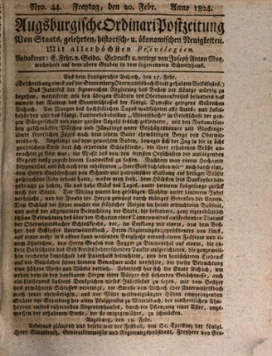 Augsburgische Ordinari Postzeitung von Staats-, gelehrten, historisch- u. ökonomischen Neuigkeiten (Augsburger Postzeitung) Freitag 20. Februar 1824