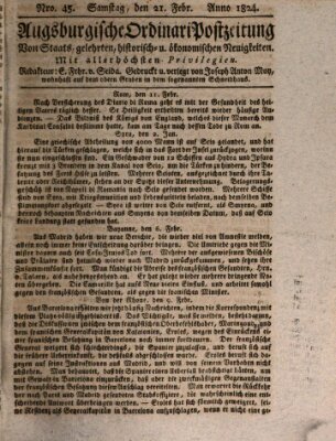 Augsburgische Ordinari Postzeitung von Staats-, gelehrten, historisch- u. ökonomischen Neuigkeiten (Augsburger Postzeitung) Samstag 21. Februar 1824