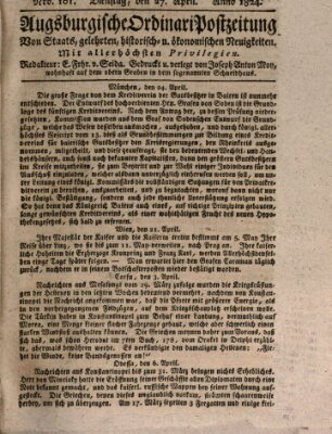 Augsburgische Ordinari Postzeitung von Staats-, gelehrten, historisch- u. ökonomischen Neuigkeiten (Augsburger Postzeitung) Dienstag 27. April 1824