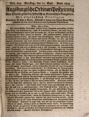 Augsburgische Ordinari Postzeitung von Staats-, gelehrten, historisch- u. ökonomischen Neuigkeiten (Augsburger Postzeitung) Samstag 11. September 1824