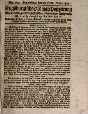 Augsburgische Ordinari Postzeitung von Staats-, gelehrten, historisch- u. ökonomischen Neuigkeiten (Augsburger Postzeitung) Donnerstag 16. September 1824