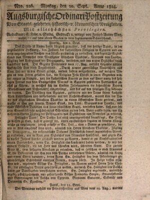 Augsburgische Ordinari Postzeitung von Staats-, gelehrten, historisch- u. ökonomischen Neuigkeiten (Augsburger Postzeitung) Montag 20. September 1824