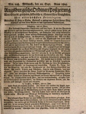 Augsburgische Ordinari Postzeitung von Staats-, gelehrten, historisch- u. ökonomischen Neuigkeiten (Augsburger Postzeitung) Mittwoch 22. September 1824