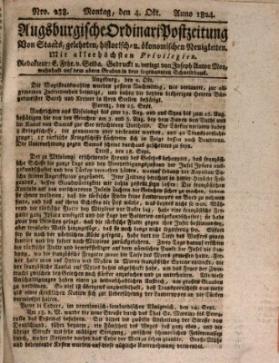 Augsburgische Ordinari Postzeitung von Staats-, gelehrten, historisch- u. ökonomischen Neuigkeiten (Augsburger Postzeitung) Montag 4. Oktober 1824