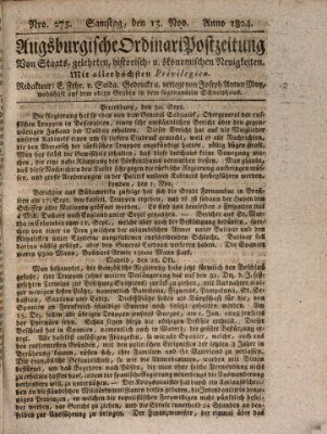 Augsburgische Ordinari Postzeitung von Staats-, gelehrten, historisch- u. ökonomischen Neuigkeiten (Augsburger Postzeitung) Samstag 13. November 1824