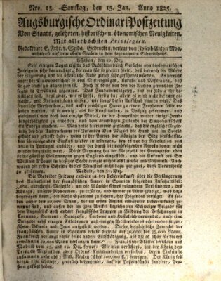 Augsburgische Ordinari Postzeitung von Staats-, gelehrten, historisch- u. ökonomischen Neuigkeiten (Augsburger Postzeitung) Samstag 15. Januar 1825