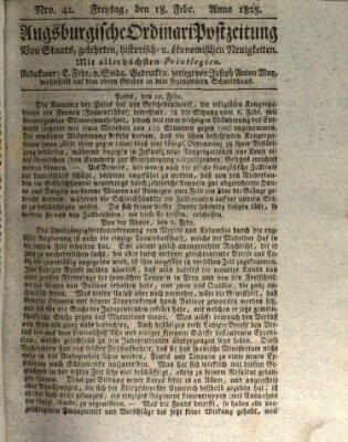 Augsburgische Ordinari Postzeitung von Staats-, gelehrten, historisch- u. ökonomischen Neuigkeiten (Augsburger Postzeitung) Freitag 18. Februar 1825