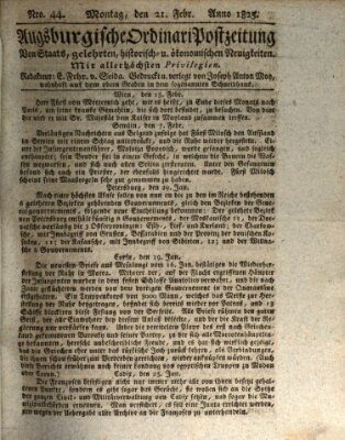 Augsburgische Ordinari Postzeitung von Staats-, gelehrten, historisch- u. ökonomischen Neuigkeiten (Augsburger Postzeitung) Montag 21. Februar 1825