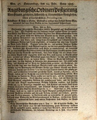 Augsburgische Ordinari Postzeitung von Staats-, gelehrten, historisch- u. ökonomischen Neuigkeiten (Augsburger Postzeitung) Donnerstag 24. Februar 1825