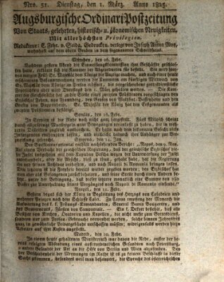 Augsburgische Ordinari Postzeitung von Staats-, gelehrten, historisch- u. ökonomischen Neuigkeiten (Augsburger Postzeitung) Dienstag 1. März 1825