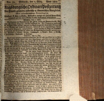 Augsburgische Ordinari Postzeitung von Staats-, gelehrten, historisch- u. ökonomischen Neuigkeiten (Augsburger Postzeitung) Mittwoch 2. März 1825