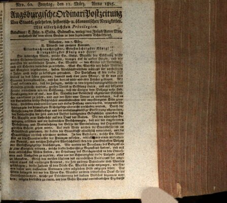 Augsburgische Ordinari Postzeitung von Staats-, gelehrten, historisch- u. ökonomischen Neuigkeiten (Augsburger Postzeitung) Freitag 11. März 1825