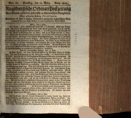 Augsburgische Ordinari Postzeitung von Staats-, gelehrten, historisch- u. ökonomischen Neuigkeiten (Augsburger Postzeitung) Samstag 12. März 1825