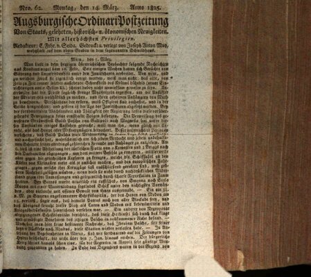 Augsburgische Ordinari Postzeitung von Staats-, gelehrten, historisch- u. ökonomischen Neuigkeiten (Augsburger Postzeitung) Montag 14. März 1825