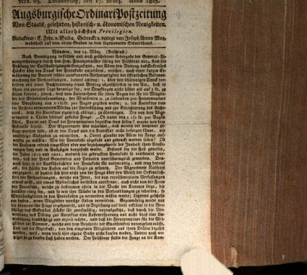 Augsburgische Ordinari Postzeitung von Staats-, gelehrten, historisch- u. ökonomischen Neuigkeiten (Augsburger Postzeitung) Donnerstag 17. März 1825