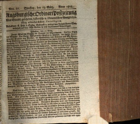 Augsburgische Ordinari Postzeitung von Staats-, gelehrten, historisch- u. ökonomischen Neuigkeiten (Augsburger Postzeitung) Samstag 19. März 1825