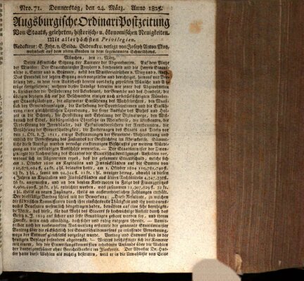 Augsburgische Ordinari Postzeitung von Staats-, gelehrten, historisch- u. ökonomischen Neuigkeiten (Augsburger Postzeitung) Donnerstag 24. März 1825