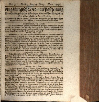 Augsburgische Ordinari Postzeitung von Staats-, gelehrten, historisch- u. ökonomischen Neuigkeiten (Augsburger Postzeitung) Montag 28. März 1825