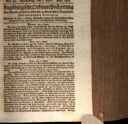 Augsburgische Ordinari Postzeitung von Staats-, gelehrten, historisch- u. ökonomischen Neuigkeiten (Augsburger Postzeitung) Donnerstag 7. April 1825