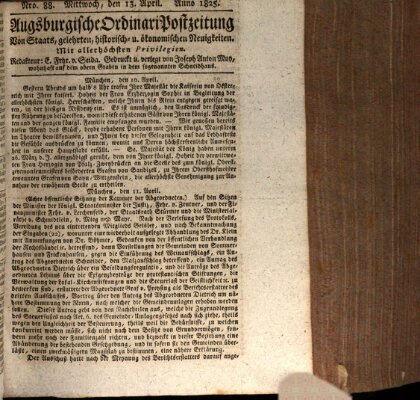 Augsburgische Ordinari Postzeitung von Staats-, gelehrten, historisch- u. ökonomischen Neuigkeiten (Augsburger Postzeitung) Mittwoch 13. April 1825