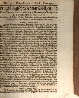 Augsburgische Ordinari Postzeitung von Staats-, gelehrten, historisch- u. ökonomischen Neuigkeiten (Augsburger Postzeitung) Mittwoch 20. April 1825