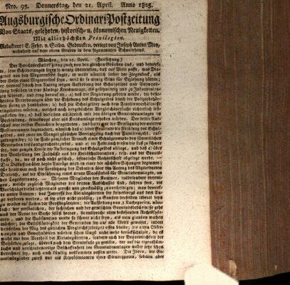 Augsburgische Ordinari Postzeitung von Staats-, gelehrten, historisch- u. ökonomischen Neuigkeiten (Augsburger Postzeitung) Donnerstag 21. April 1825