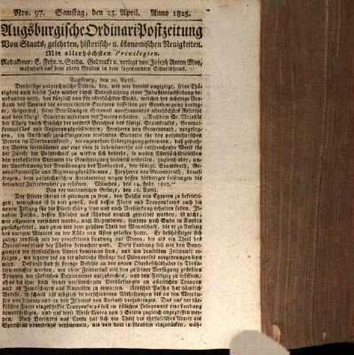 Augsburgische Ordinari Postzeitung von Staats-, gelehrten, historisch- u. ökonomischen Neuigkeiten (Augsburger Postzeitung) Samstag 23. April 1825