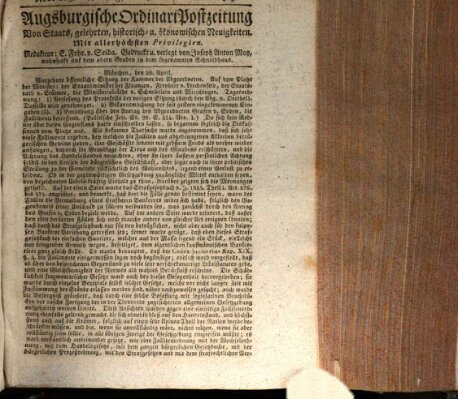 Augsburgische Ordinari Postzeitung von Staats-, gelehrten, historisch- u. ökonomischen Neuigkeiten (Augsburger Postzeitung) Dienstag 3. Mai 1825