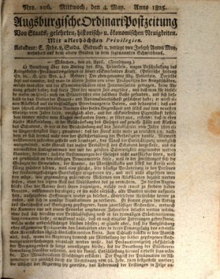 Augsburgische Ordinari Postzeitung von Staats-, gelehrten, historisch- u. ökonomischen Neuigkeiten (Augsburger Postzeitung) Mittwoch 4. Mai 1825