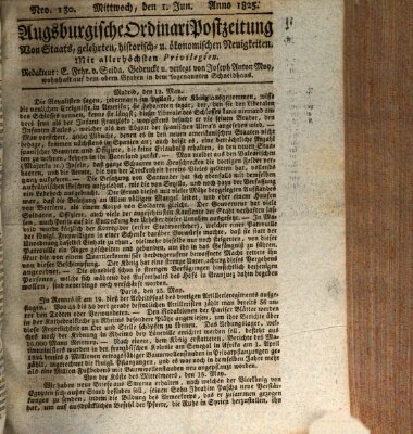 Augsburgische Ordinari Postzeitung von Staats-, gelehrten, historisch- u. ökonomischen Neuigkeiten (Augsburger Postzeitung) Mittwoch 1. Juni 1825